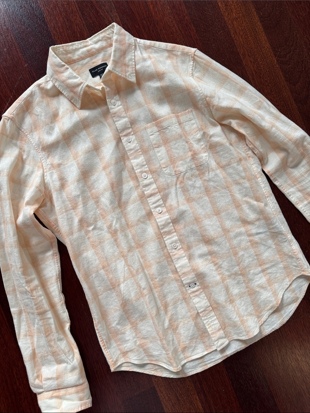 Club Monaco Mens Plaid Check Cotton Linen Shirt Cream White Orange